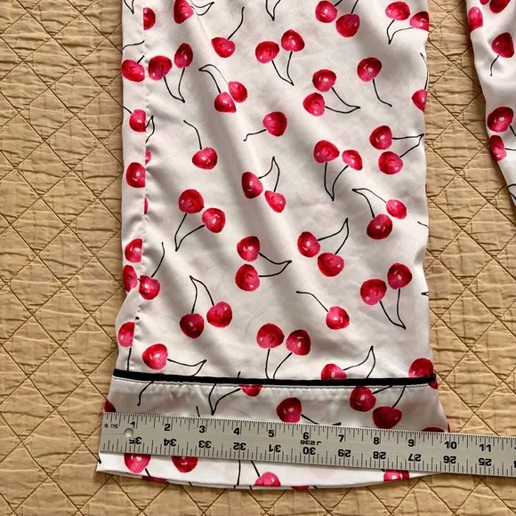 kate spade Cherry Print Satin Feel Pajama Set in Red and White with Black Trim - Picture 12 of 16